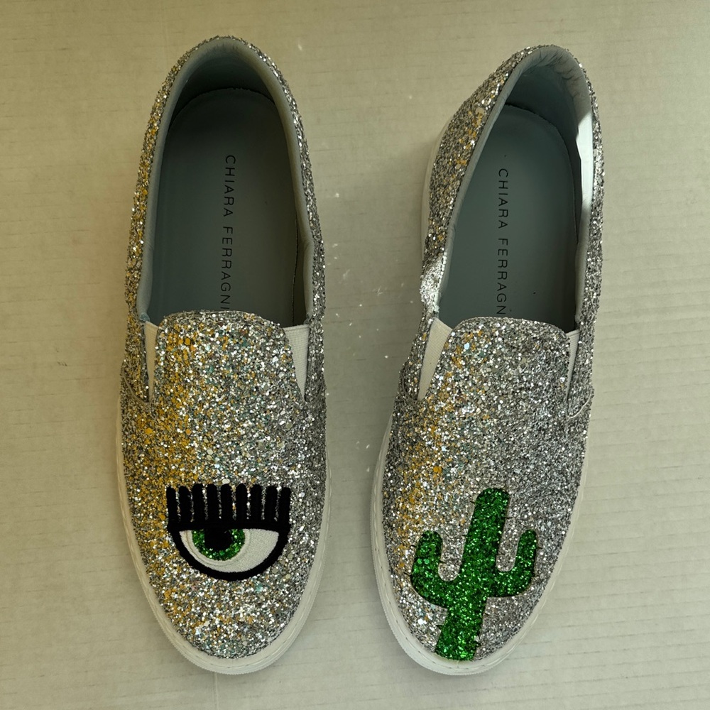Chiara Ferragni Metallic Silver Glitter Slip On Sneaker